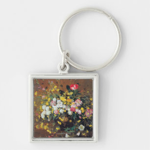 En vas av blommor fyrkantig silverfärgad nyckelring