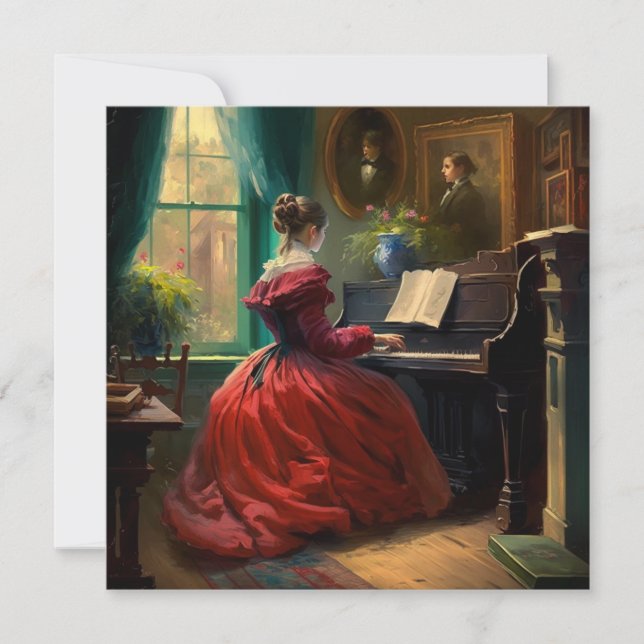 En viktoriansk kvinna som spelar piano, oljemålnin kort (Framsida)