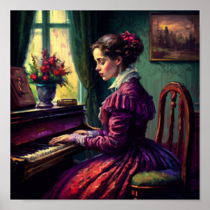 En viktoriansk kvinna som spelar piano, oljemålnin poster