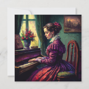 En viktoriansk kvinna som spelar piano, oljemålnin tack kort