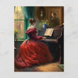 En viktoriansk kvinna som spelar piano, oljemålnin vykort