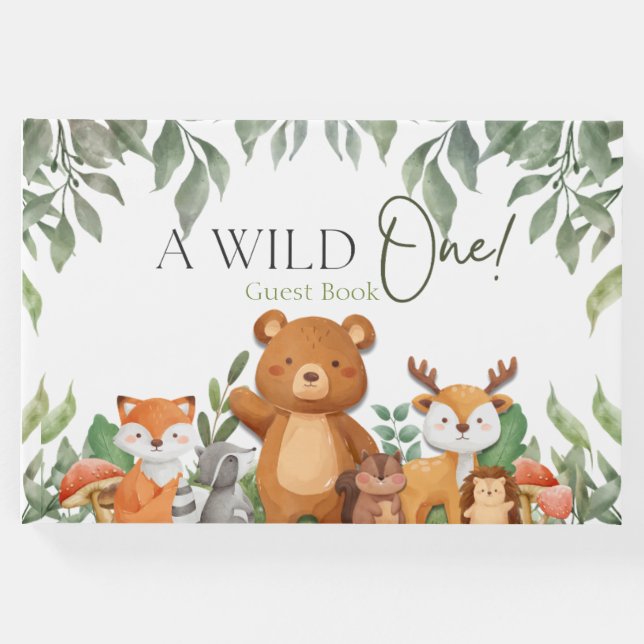 EN vild EN Grey Woodland Animals Baby Shower Gästböcker (Framsida)