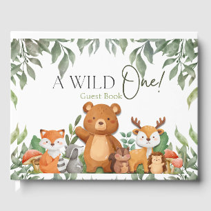 EN vild EN Grey Woodland Animals Baby Shower Gästböcker