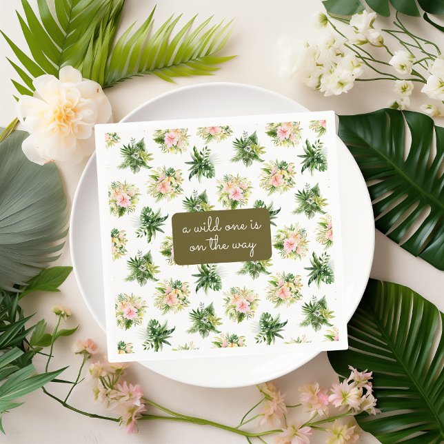 En Vild ett är på Way Jungle Tropik Baby Shower Pappersservett (paper napkin with tropical flowers & leaves pattern + a box to add your custom text for baby shower)