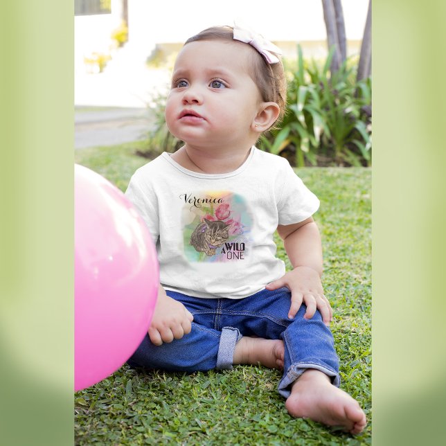 En Vild ett - Katt med blommor Girl T Shirt (A Wild One - Cat with flowers Girl Baby T-Shirt)