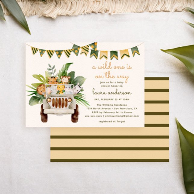 En Vild ett ungle Animals Safari Baby Shower Inbjudningar (tropical baby shower invitation with watercolor jungle animals in a safari car)