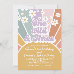 En vild och tre Retro Sunshine Rainbow Daisy Inbjudningar