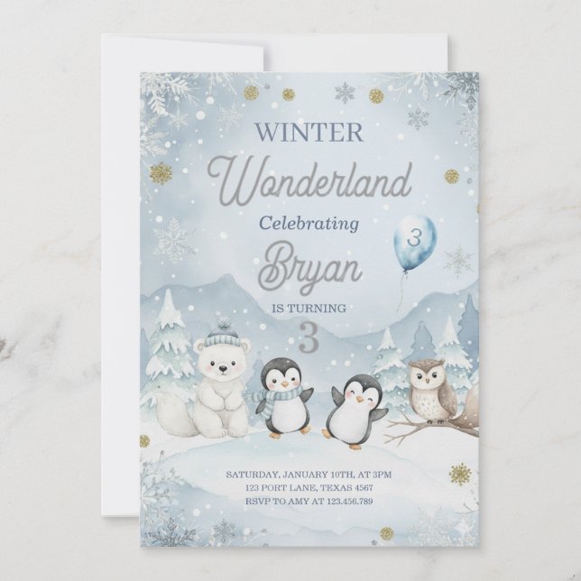 En Vild Winter Wonderland Birthday Inbjudningar (Framsida)