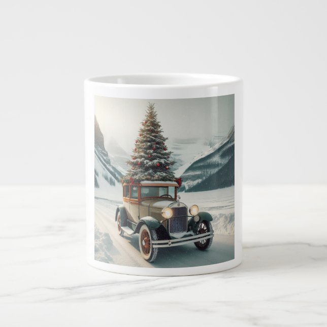 En vintage klassisk julbil träd Specialmugg Jumbo Mugg (Framsidan)