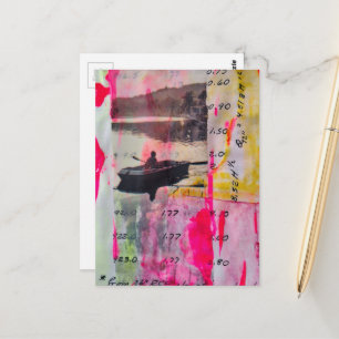 En Vintagebåt Mixed Media Collage Rosa Gult Vykort