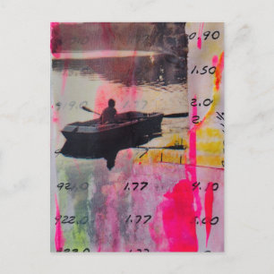En vintagebåt rosa gul blandteknik collage vykort