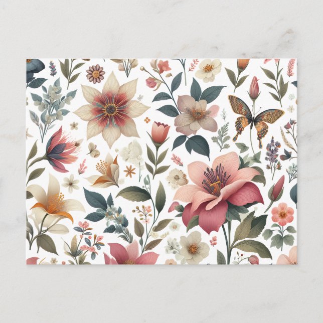 En vit bakgrund med en massa blommor på den inbjudan vykort (Framsida)
