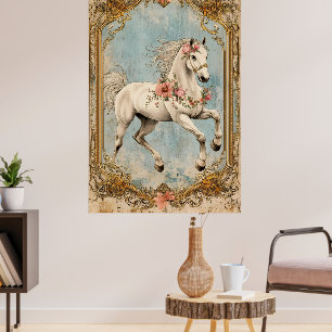En vit häst prydd med en blomsterkrans, poster