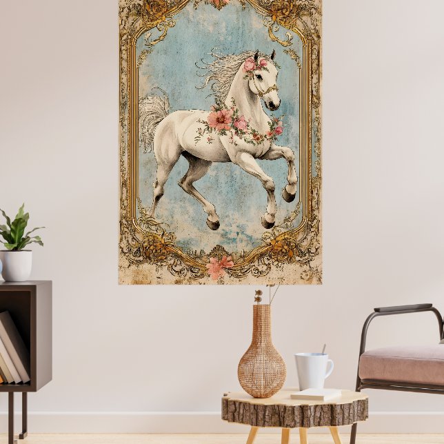 En vit häst prydd med en blomsterkrans, poster (Vardagsrum 3)