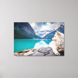 En vit hund sitta på en sten-formation canvastryck