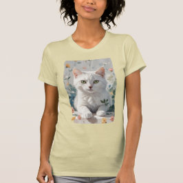 En vit katt i blommor. t shirt