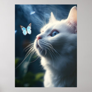En vit katt med Blue Ögon Kolla en fjäril. Poster