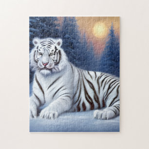 En vit tiger Sitta i Snö Pussel