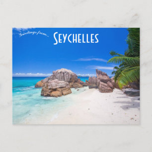 En vy av en strand i Seychellerna Vykort