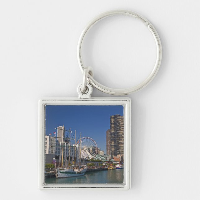 En vy över Chicago's Navy Pier 2 Fyrkantig Silverfärgad Nyckelring (Framsidan)