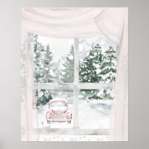 En vy över en skog som omfattas av Snö genom ett f Poster
