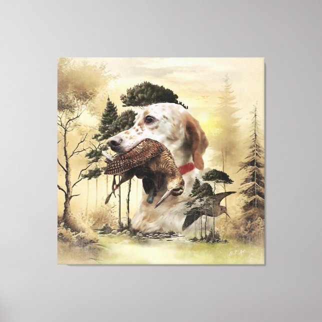 En Woodcock med engelska setter Canvastryck (Framsida)