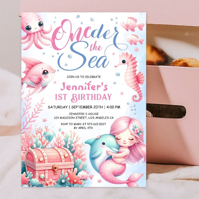 ENAderSea! 1:a födelsedag Rosa Cute Ocean Party Inbjudningar (Skapare uppladdad)