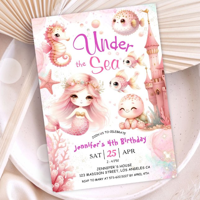 ENAderSea! 4e födelsedagen Girl Rosa Cute Ocean Inbjudningar (Skapare uppladdad)