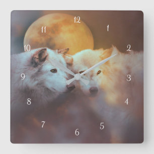 Enande Vargar och Måne Wildlife Surreal Fyrkantig Klocka