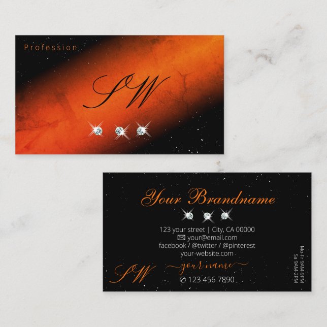 Enastående Black Orange Sparkling Jewels Monogram Visitkort (Fram/baksida)