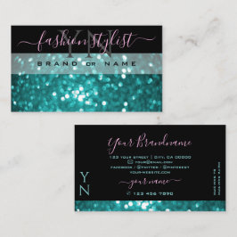 Enastående Black Teal Sparkling Glitter Monogram Visitkort
