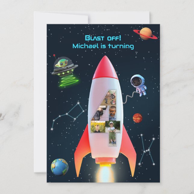 Enastående fyra med foton | Rocket Space 4e födels Inbjudningar (Framsida)