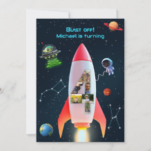 Enastående fyra med foton Rocket Space 4e födels Inbjudningar