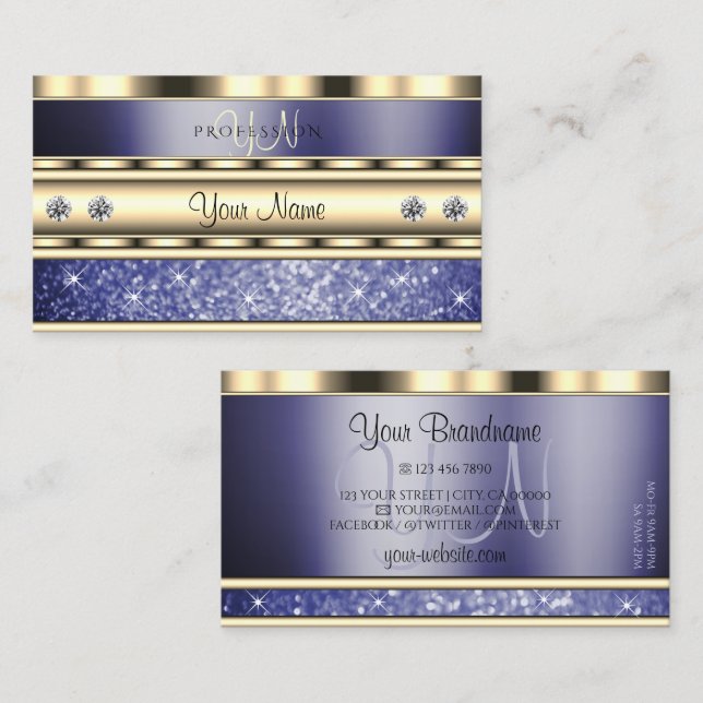 Enastående Guld Blue Sparkling Glitter Monogram Visitkort (Fram/baksida)