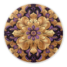 Enastående keramisk knopp av Lila och Guld Blommig