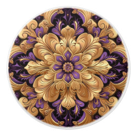 Enastående keramisk knopp av Lila och Guld Blommig