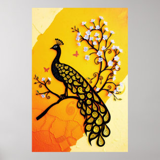 Enastående Peacock Silhouette med Blommigt-accente Poster