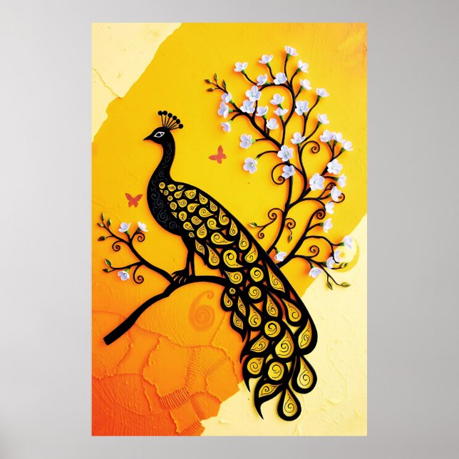 Enastående Peacock Silhouette med Blommigt-accente Poster (Framsidan)