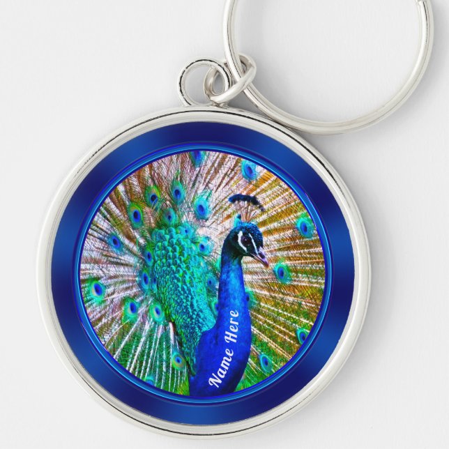 Enastående PERSONLIG för peacock-nyckelkedja eller Rund Silverfärgad Nyckelring (Framsidan)