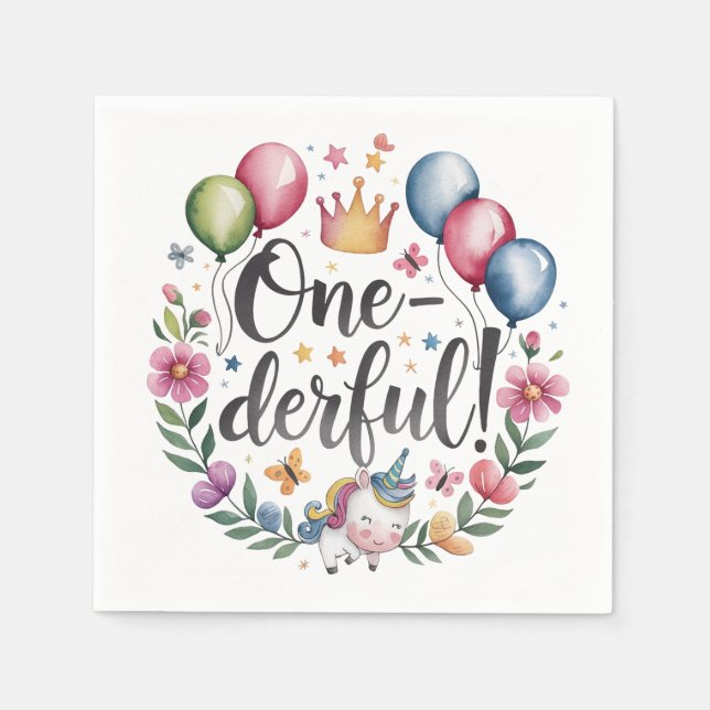Enastående vattenfärgsUnicorn Birthday Pappersservett (Framsidan)