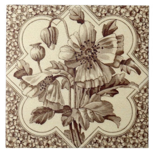 Enastående Victorianska poppies Blommigt Sepia Re Kakelplatta
