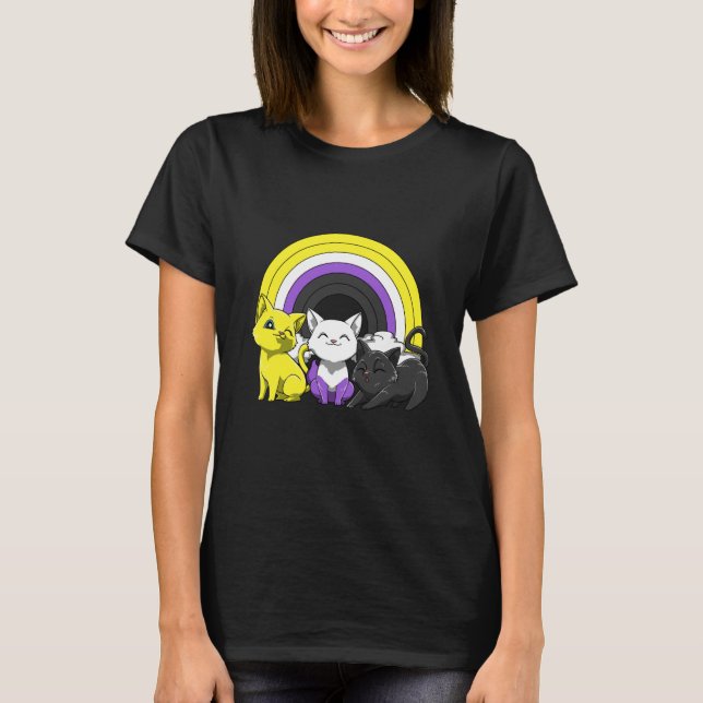 enby Pride Regnbåge HBTQ Icke-binära Katter Långär T Shirt (Framsida)