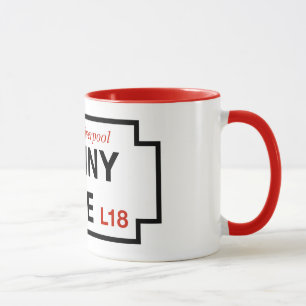 Encentmyntlanen, gata undertecknar, Liverpool, UK Mugg