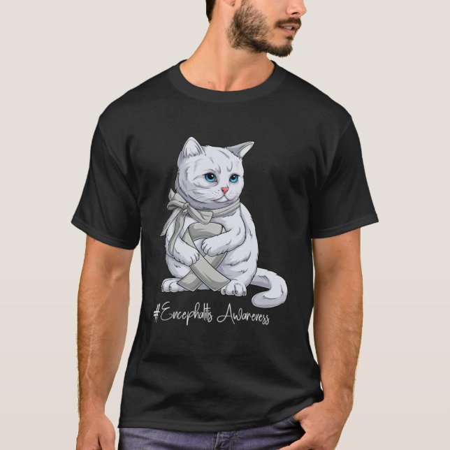 Encephalitis Awareness Month Silver Ribbon Cat T Shirt (Framsida)