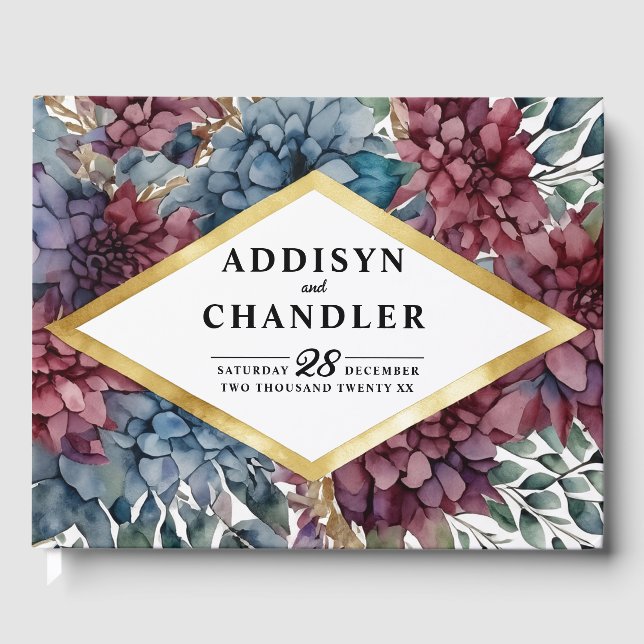 Enchanance Jewel-Toned Blommigt Bröllop Gästböcker (Framsida)