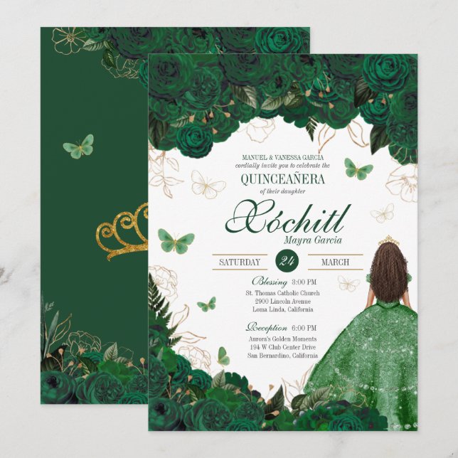 Enchanfly Butterfly Garden Emerald Quinceanera Inbjudningar (Fram/baksida)