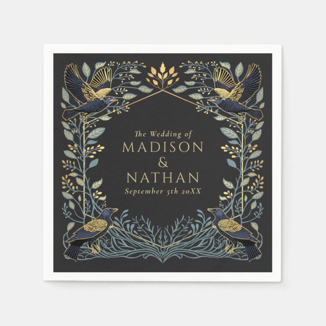 Enchanic Raven Blommigt Bröllop Pappersservett (Framsidan)