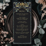 Enchanic Raven Bröllop Flat Menu Meny<br><div class="desc">Elegant och gotisk bröllop-utformning med vavens och bladverk. Den här designen har en svart bakgrund,  med mörk blått ravens och löv av inaktiverad grönt med guld-accenter. Matcha artiklar i vår butik för ett helt tema i party.</div>