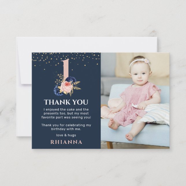 Enchante Navy and Rosa Blommigt 1st Birthday Photo Tack Kort (Framsida)