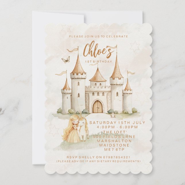 🏰 ✨ Enchanted Castle Princess 1st Birthday Inbjud Inbjudningar (Framsida)